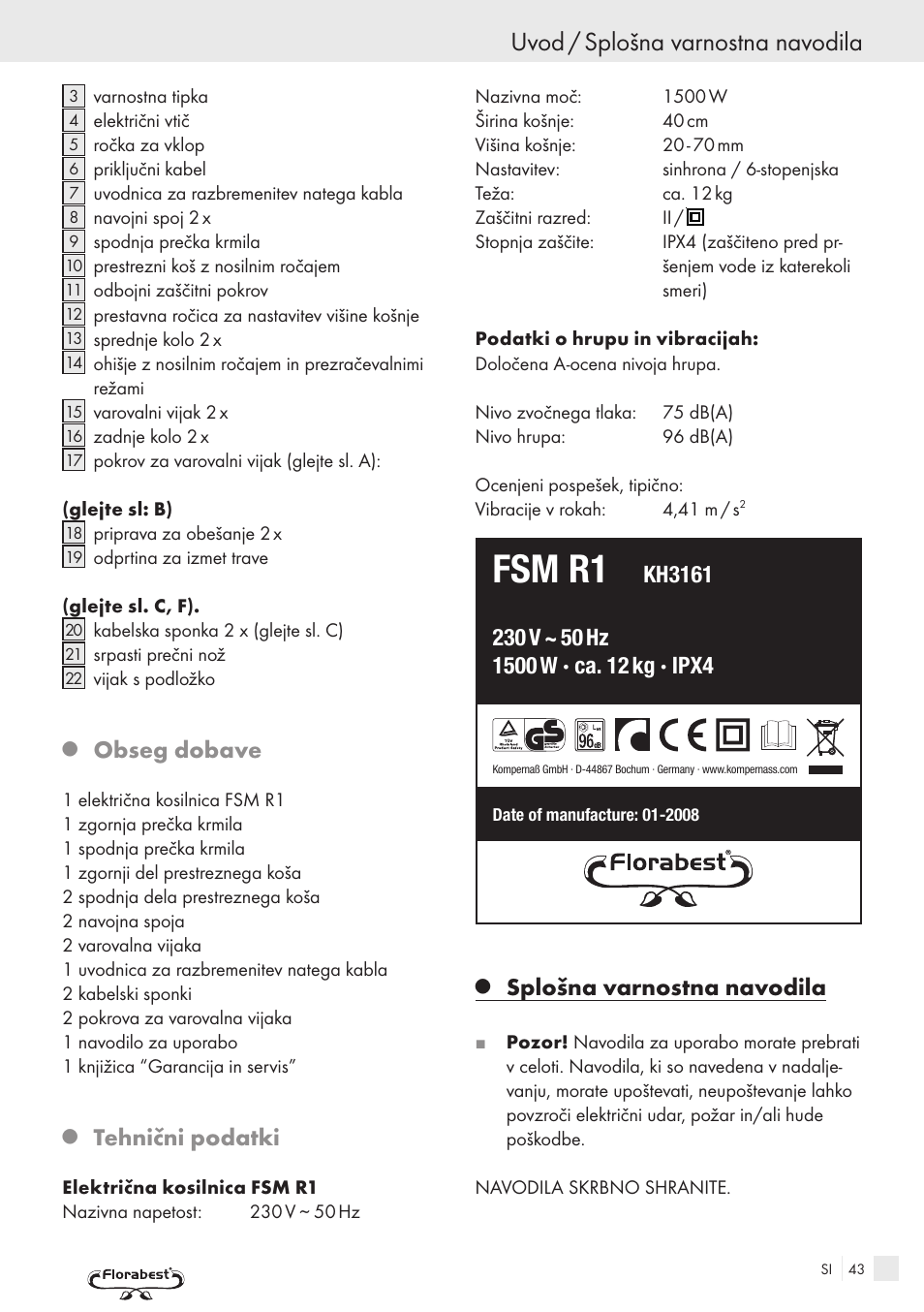 Fsm r1, Uvod / splošna varnostna navodila, Obseg dobave | Tehnični podatki, Splošna varnostna navodila | Kompernass FSM R1 User Manual | Page 41 / 90