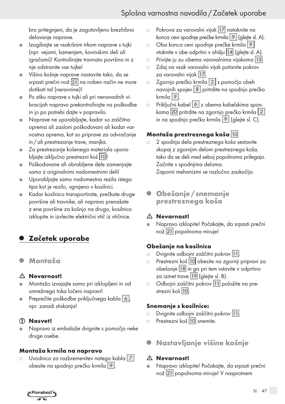 Splošna varnostna navodila / začetek uporabe, Začetek uporabe, Montaža | Obešanje / snemanje prestreznega koša, Nastavljanje višine košnje | Kompernass FSM R1 User Manual | Page 45 / 90