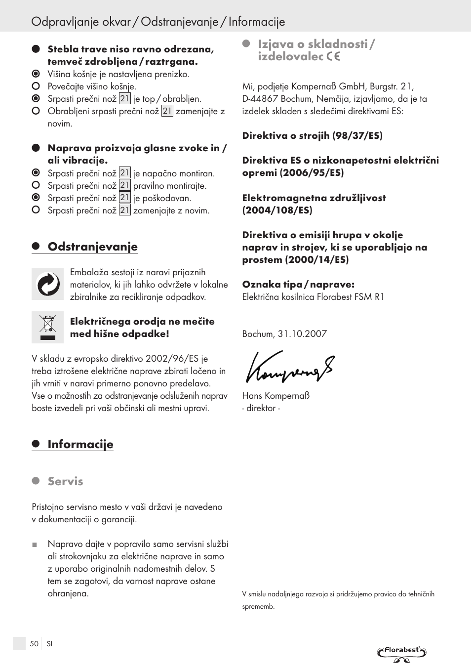 Odpravljanje okvar / odstranjevanje / informacije, Odstranjevanje, Informacije | Servis, Izjava o skladnosti / izdelovalec | Kompernass FSM R1 User Manual | Page 48 / 90