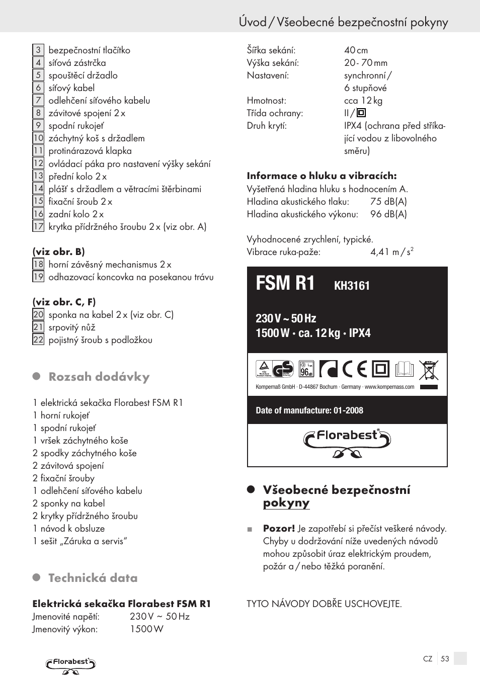 Fsm r1, Úvod / všeobecné bezpečnostní pokyny, Rozsah dodávky | Technická data, Všeobecné bezpečnostní pokyny | Kompernass FSM R1 User Manual | Page 51 / 90