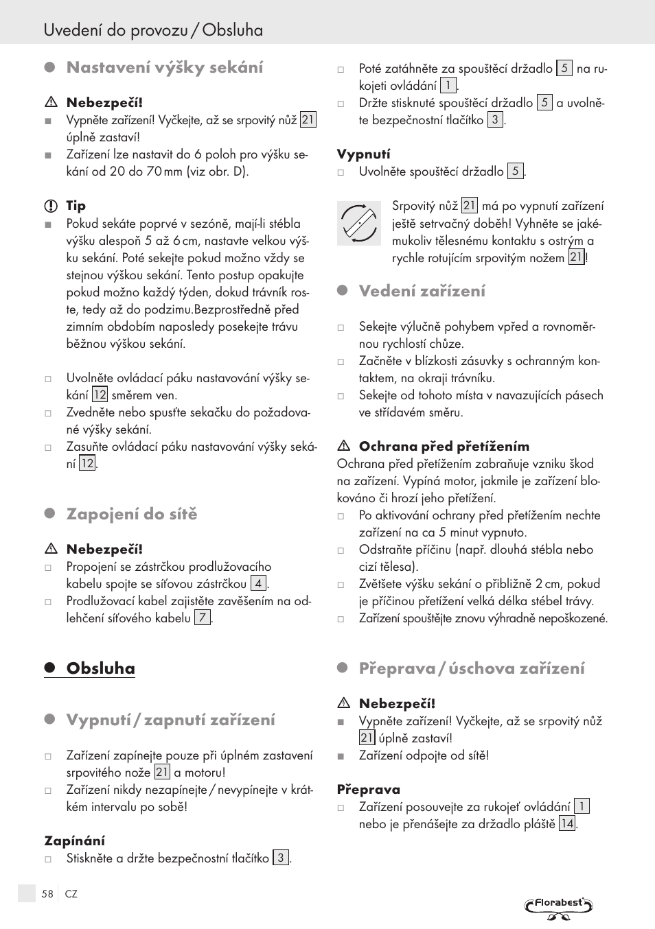 Uvedení do provozu / obsluha, Nastavení výšky sekání, Zapojení do sítě | Obsluha, Vypnutí / zapnutí zařízení, Vedení zařízení, Přeprava / úschova zařízení | Kompernass FSM R1 User Manual | Page 56 / 90