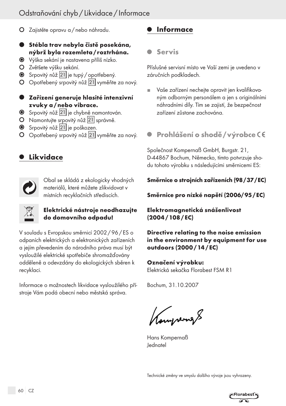 Odstraňování chyb / likvidace / informace, Likvidace, Informace | Servis, Prohlášení o shodě / výrobce | Kompernass FSM R1 User Manual | Page 58 / 90