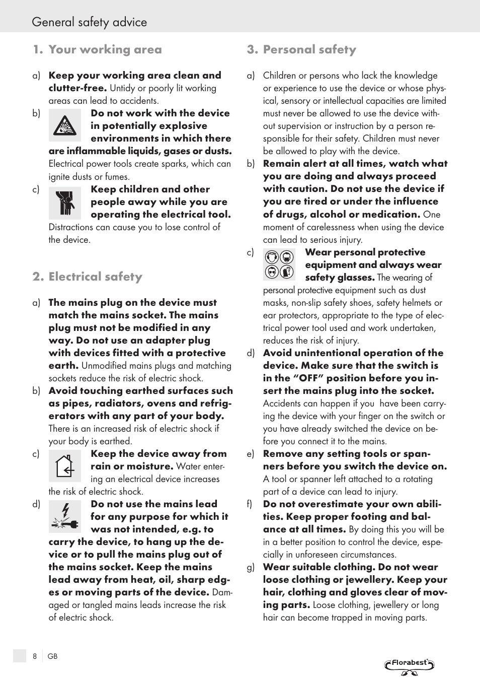 General safety advice, Your working area, Electrical safety | Personal safety | Kompernass FSM R1 User Manual | Page 6 / 90