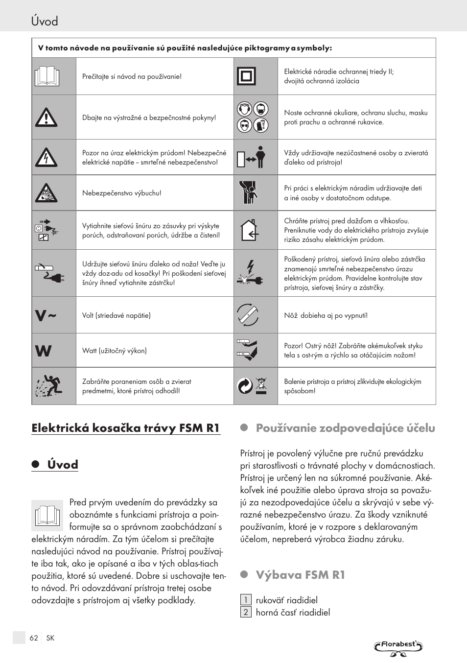 Úvod, Elektrická kosačka trávy fsm r1, Používanie zodpovedajúce účelu | Výbava fsm r1 | Kompernass FSM R1 User Manual | Page 60 / 90
