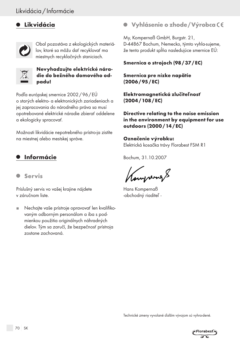 Likvidácia / informácie, Likvidácia, Informácie | Servis, Vyhlásenie o zhode / výrobca | Kompernass FSM R1 User Manual | Page 68 / 90
