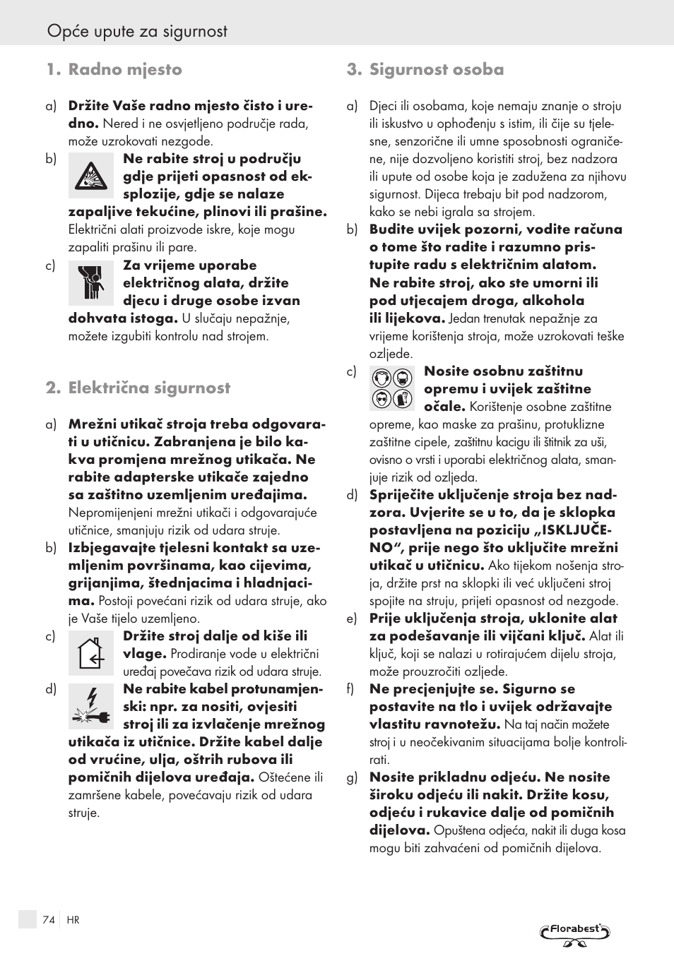 Opće upute za sigurnost, Radno mjesto, Električna sigurnost | Sigurnost osoba | Kompernass FSM R1 User Manual | Page 72 / 90