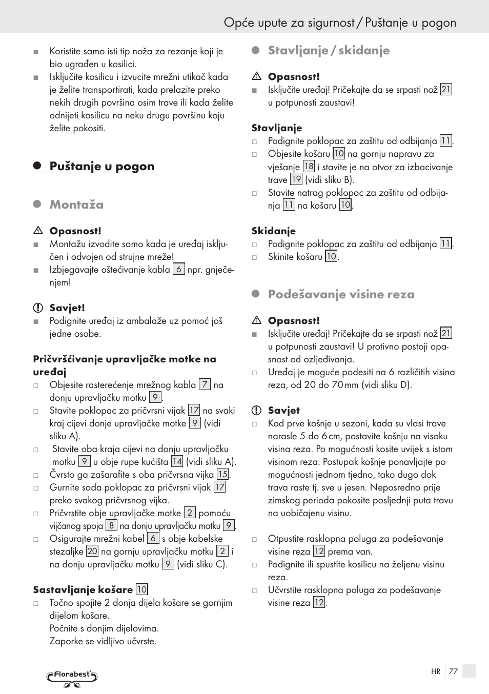 Opće upute za sigurnost / puštanje u pogon, Puštanje u pogon, Montaža | Stavljanje / skidanje, Podešavanje visine reza | Kompernass FSM R1 User Manual | Page 75 / 90