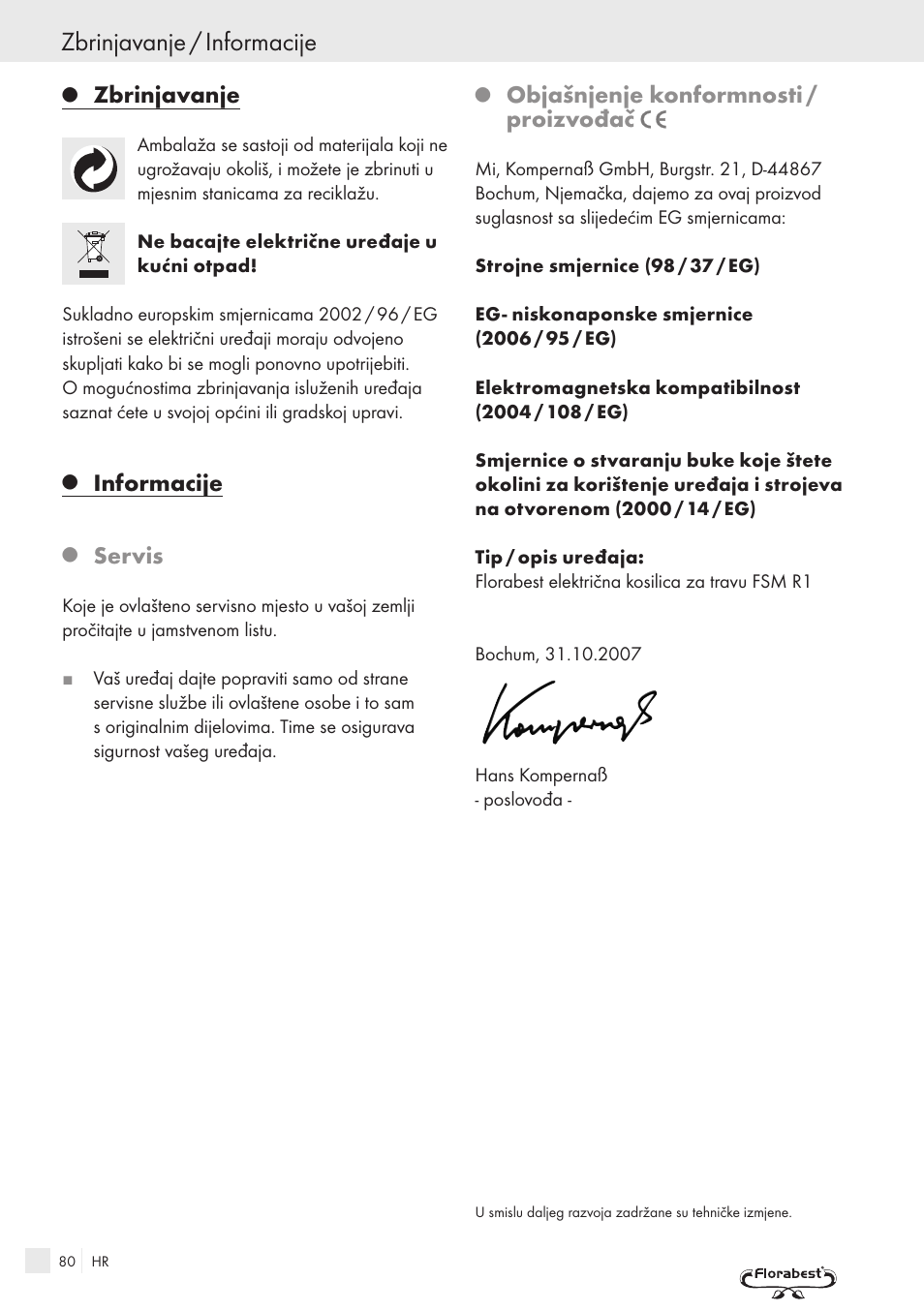 Zbrinjavanje / informacije, Zbrinjavanje, Informacije | Servis, Objašnjenje konformnosti / proizvođač | Kompernass FSM R1 User Manual | Page 78 / 90