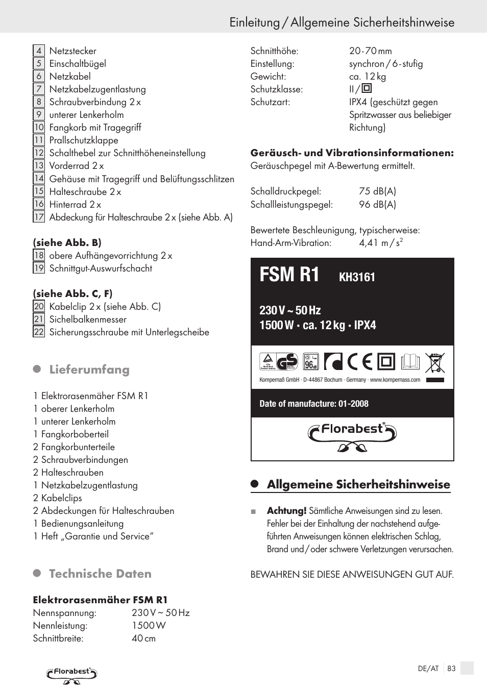 Fsm r1, Einleitung / allgemeine sicherheitshinweise, Lieferumfang | Technische daten, Allgemeine sicherheitshinweise | Kompernass FSM R1 User Manual | Page 81 / 90