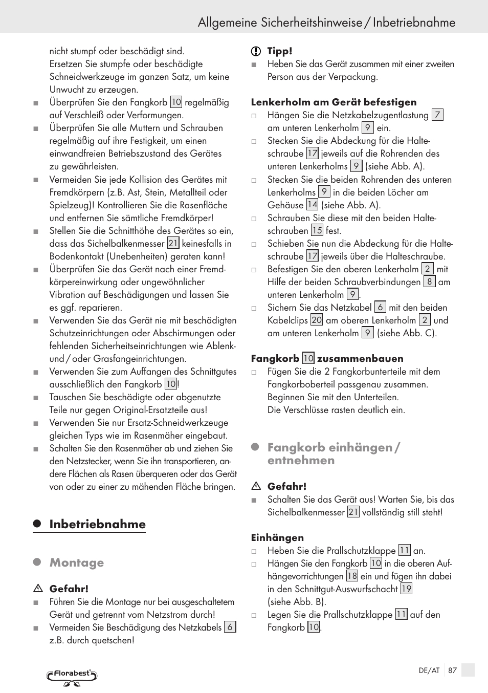 Allgemeine sicherheitshinweise / inbetriebnahme, Inbetriebnahme, Montage | Fangkorb, Einhängen / entnehmen | Kompernass FSM R1 User Manual | Page 85 / 90