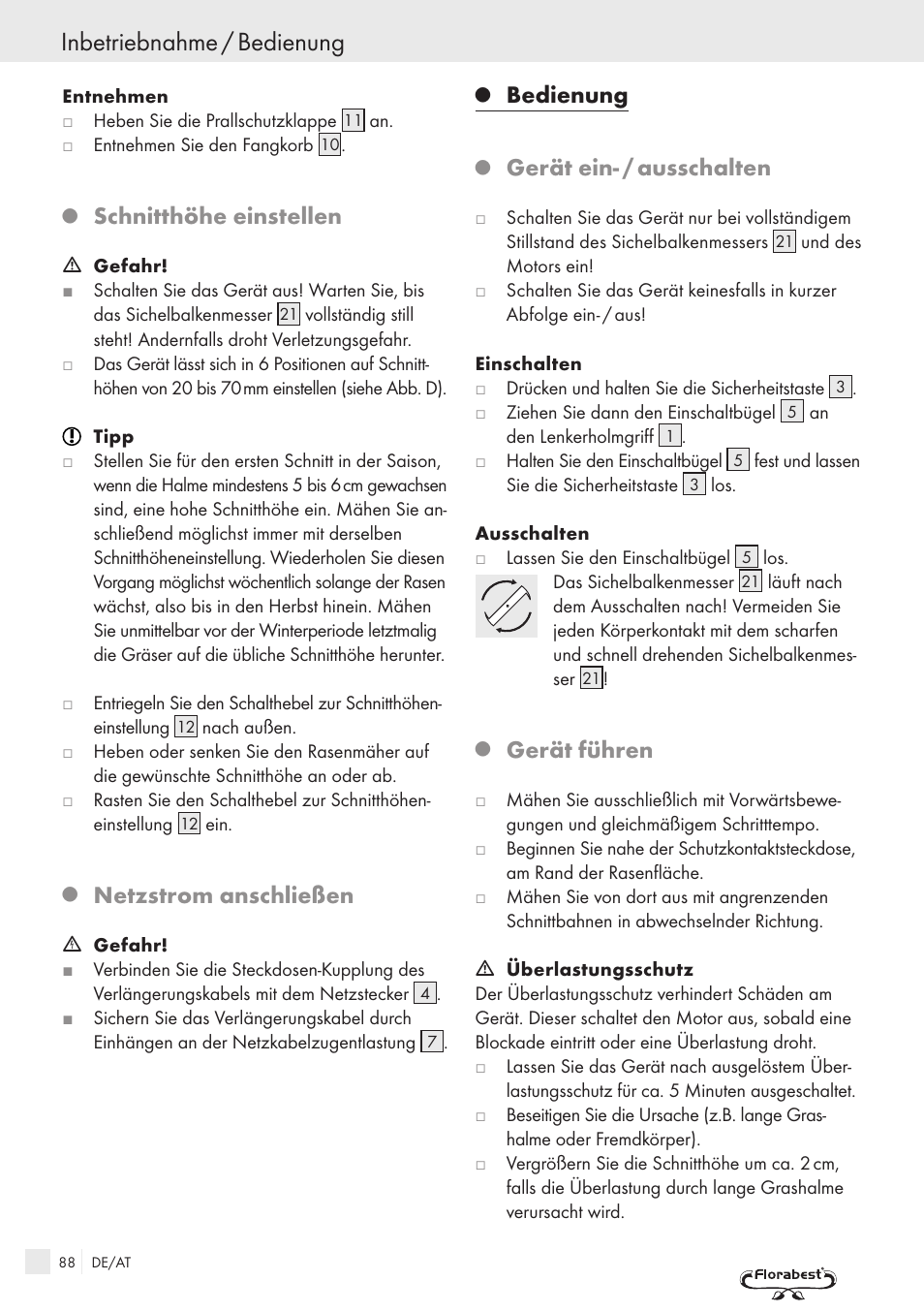 Inbetriebnahme / bedienung, Schnitthöhe einstellen, Netzstrom anschließen | Bedienung, Gerät ein- / ausschalten, Gerät führen | Kompernass FSM R1 User Manual | Page 86 / 90