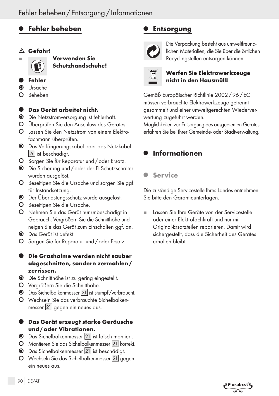 Fehler beheben / entsorgung / informationen, Fehler beheben, Entsorgung | Informationen, Service | Kompernass FSM R1 User Manual | Page 88 / 90