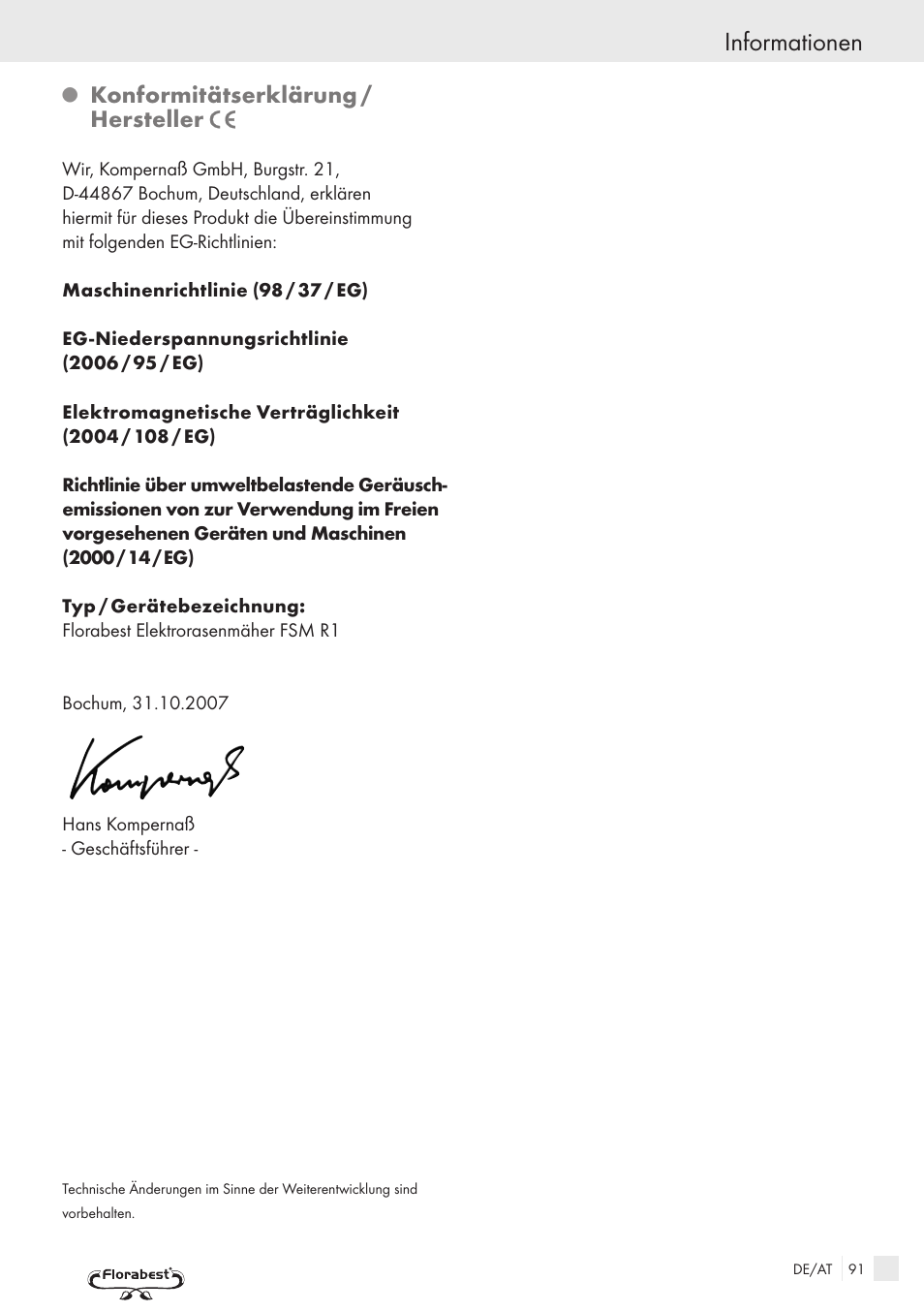 Informationen, Konformitätserklärung / hersteller | Kompernass FSM R1 User Manual | Page 89 / 90