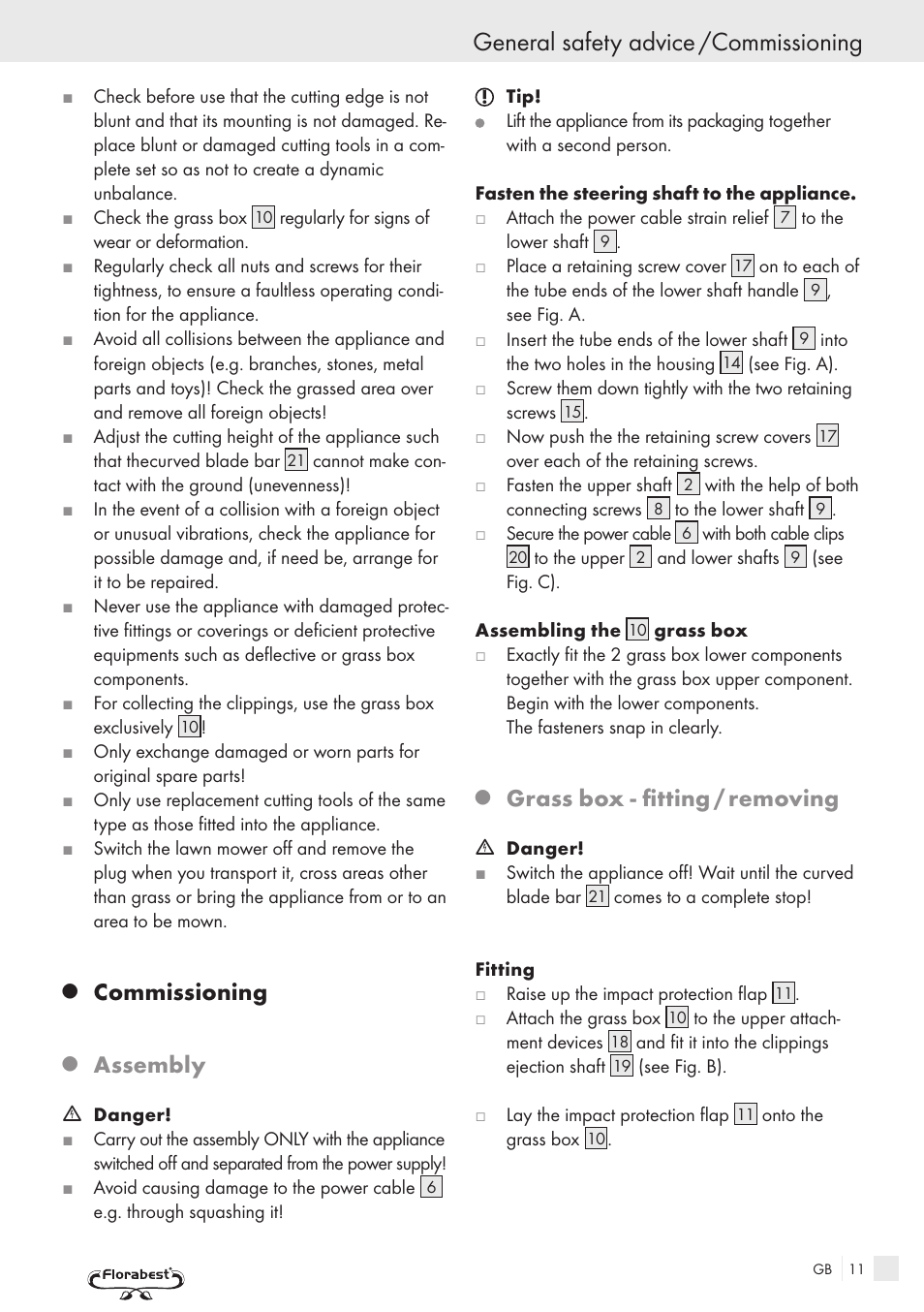 General safety advice /commissioning, Commissioning, Assembly | Grass box - fitting / removing | Kompernass FSM R1 User Manual | Page 9 / 90