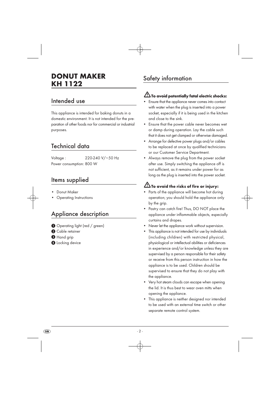 Donut maker kh 1122, Intended use, Technical data | Items supplied, Appliance description, Safety information | Kompernass KH 1122 User Manual | Page 4 / 8
