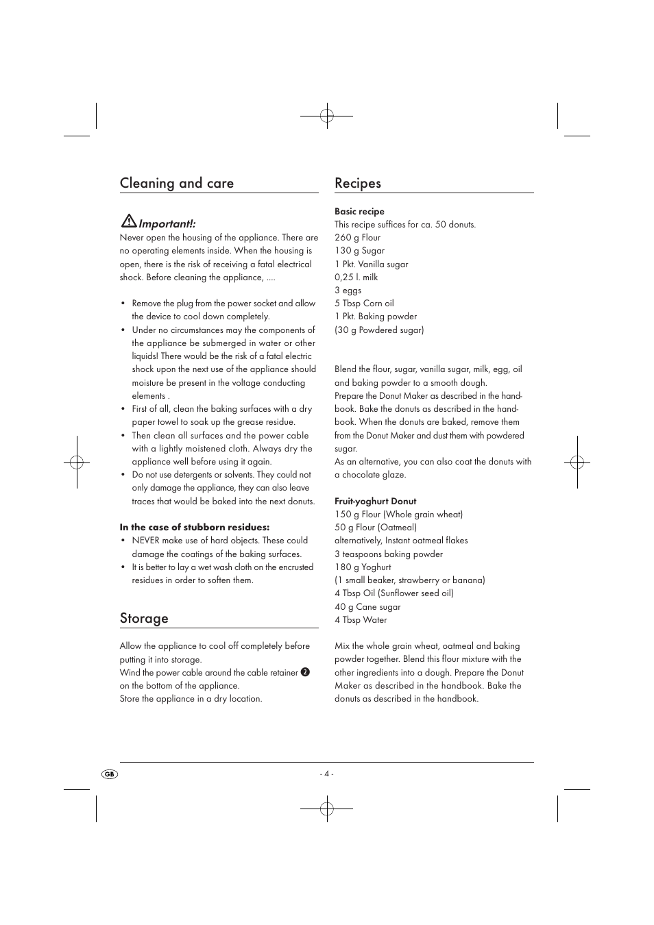 Cleaning and care, Storage, Recipes | Kompernass KH 1122 User Manual | Page 6 / 8