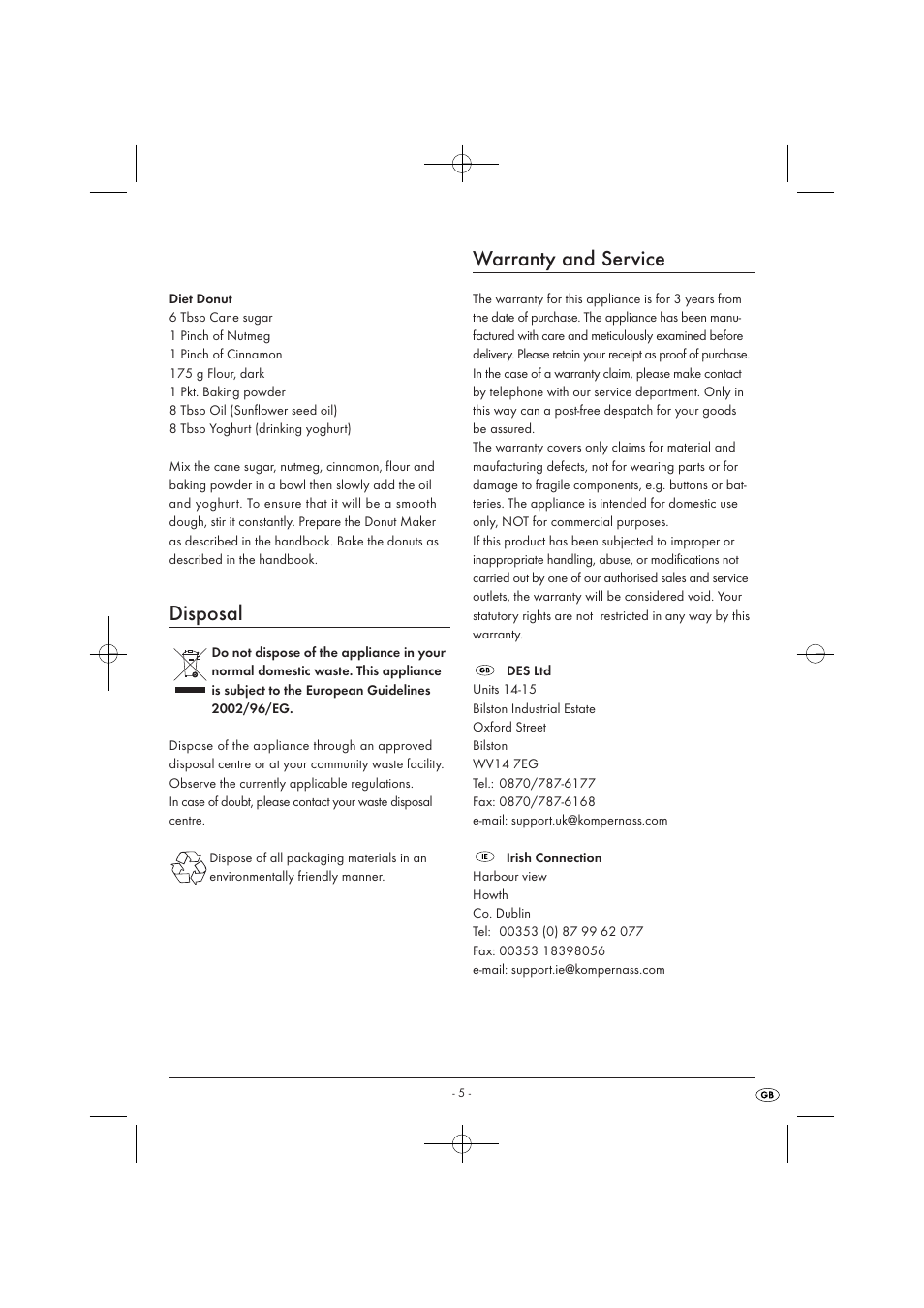 Disposal, Warranty and service | Kompernass KH 1122 User Manual | Page 7 / 8