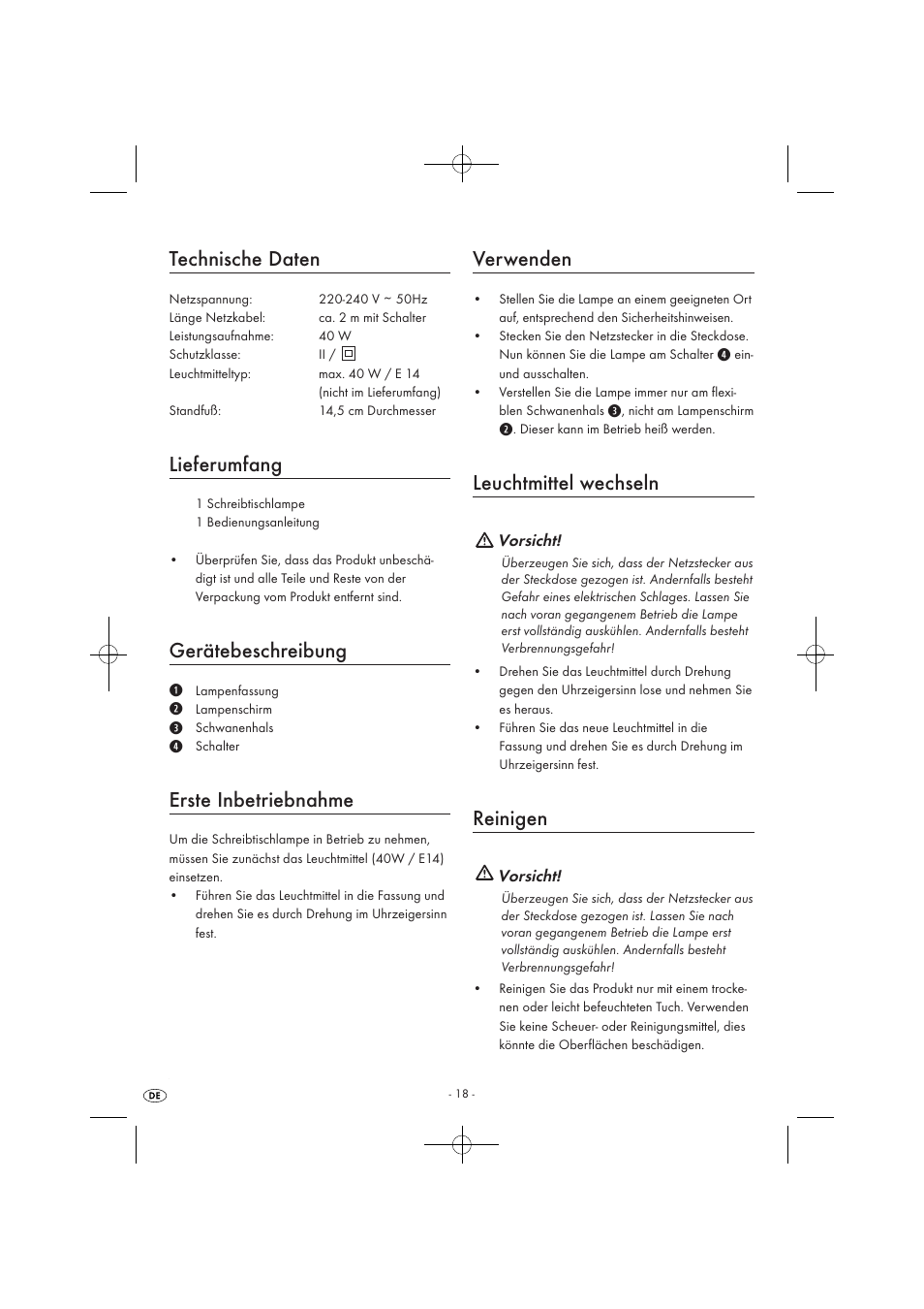 Technische daten, Lieferumfang, Gerätebeschreibung | Erste inbetriebnahme, Verwenden, Leuchtmittel wechseln, Reinigen | Kompernass KH 4169 User Manual | Page 20 / 21