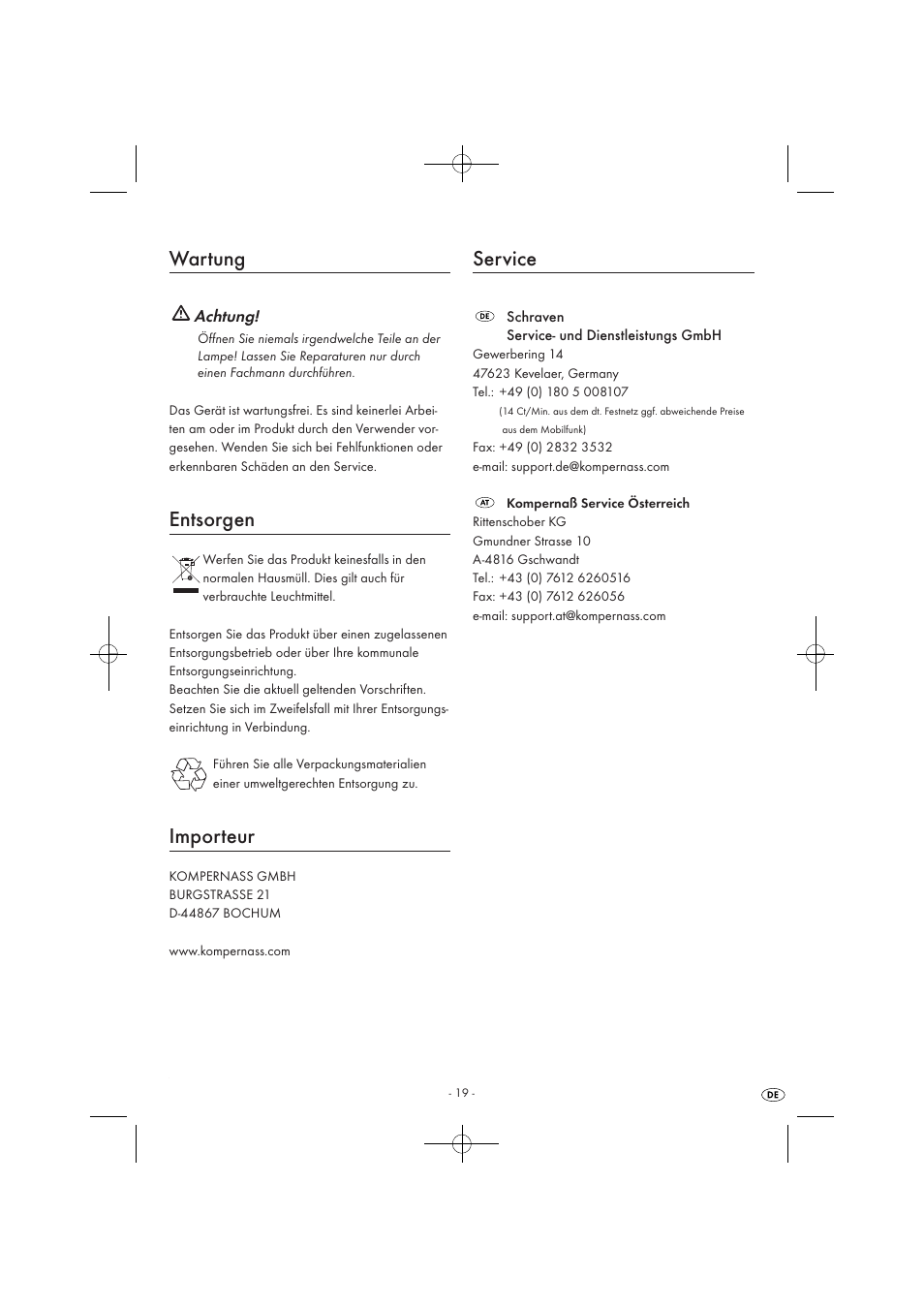 Wartung, Entsorgen, Importeur | Service | Kompernass KH 4169 User Manual | Page 21 / 21