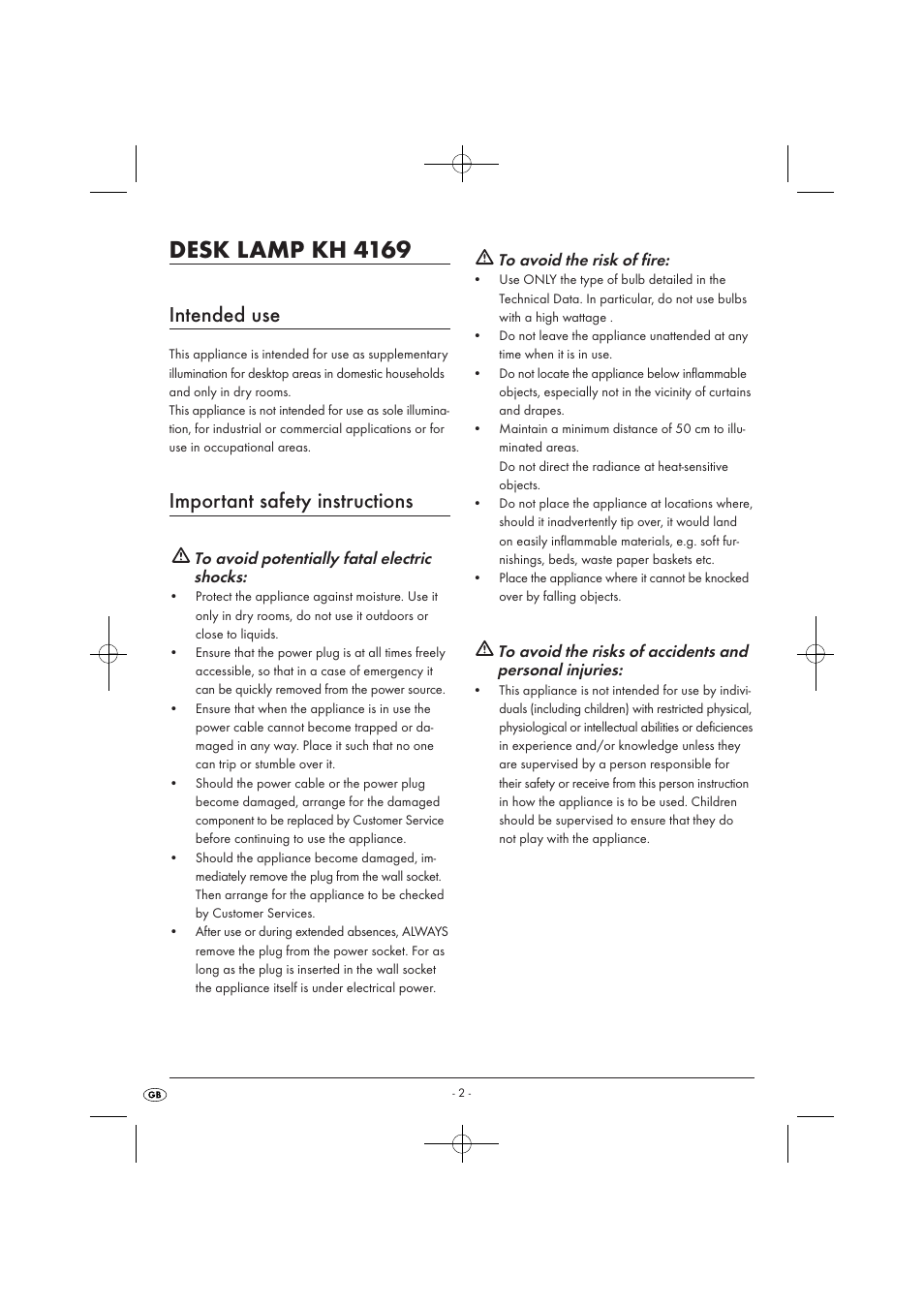 Desk lamp kh 4169, Intended use, Important safety instructions | Kompernass KH 4169 User Manual | Page 4 / 21