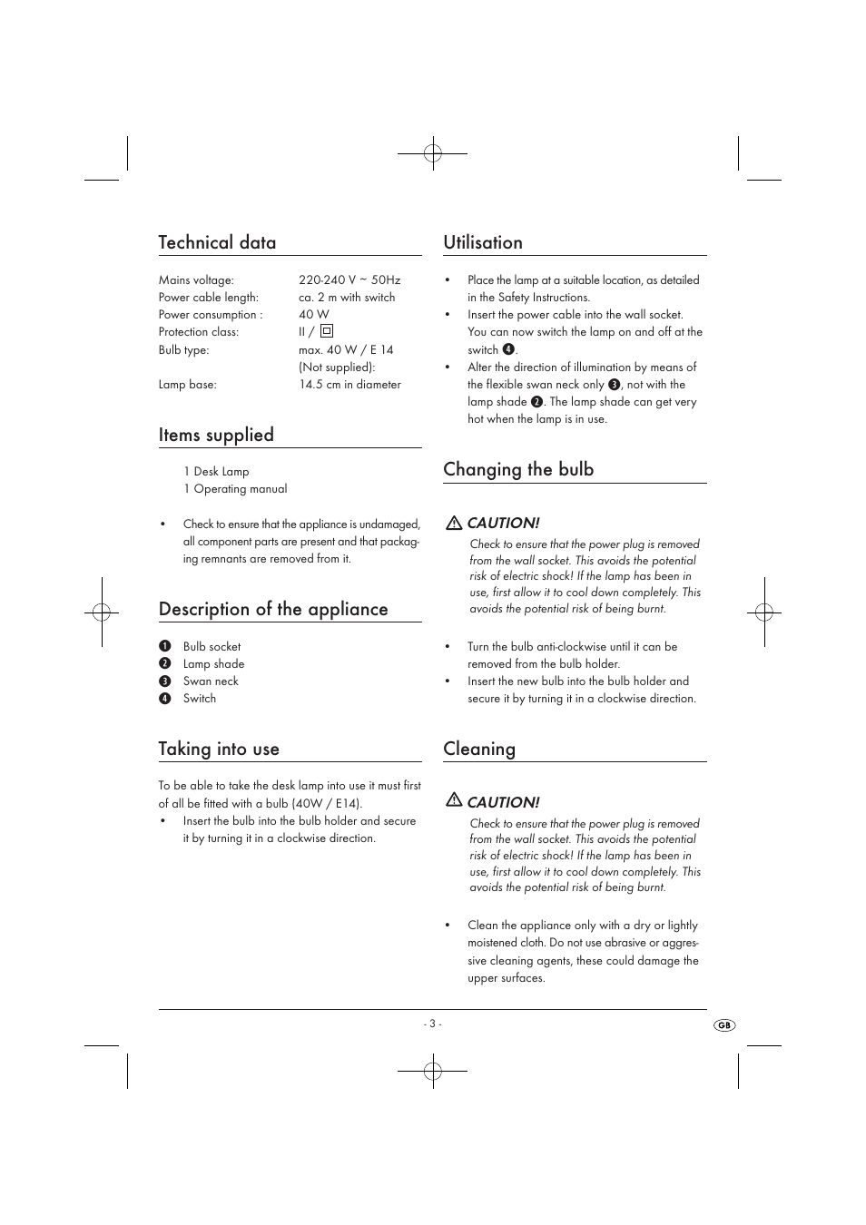 Technical data, Items supplied, Description of the appliance | Taking into use, Utilisation, Changing the bulb, Cleaning | Kompernass KH 4169 User Manual | Page 5 / 21