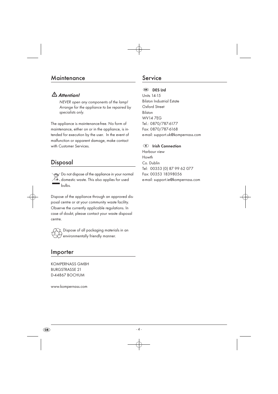 Maintenance, Disposal, Importer | Service | Kompernass KH 4169 User Manual | Page 6 / 21