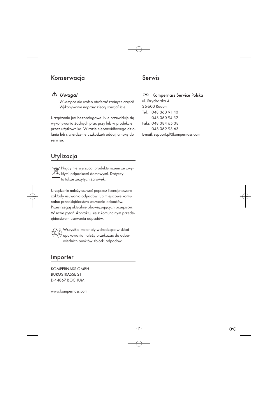 Konserwacja, Utylizacja, Importer | Serwis | Kompernass KH 4169 User Manual | Page 9 / 21