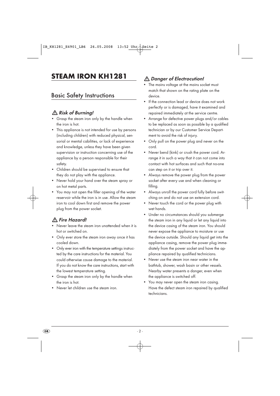 Steam iron kh1281, Basic safety instructions | Kompernass KH 1281 User Manual | Page 4 / 9