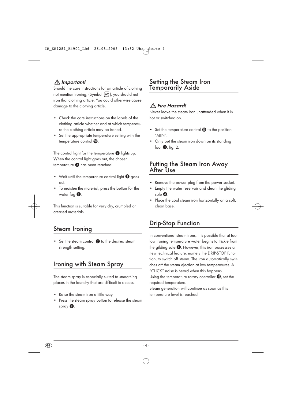 Steam ironing, Ironing with steam spray, Setting the steam iron temporarily aside | Putting the steam iron away after use, Drip-stop function | Kompernass KH 1281 User Manual | Page 6 / 9