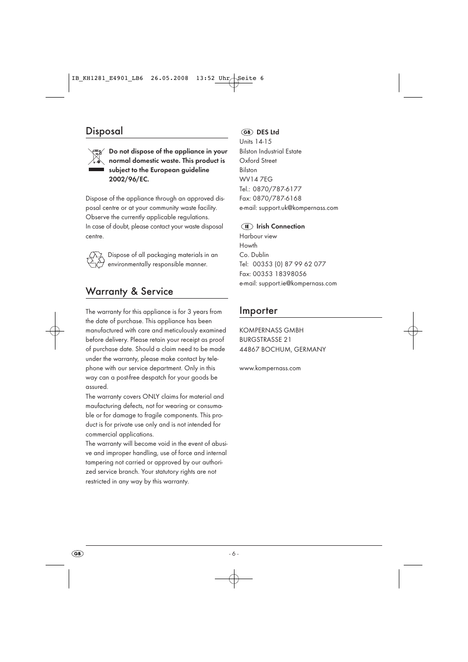 Disposal, Warranty & service, Importer | Kompernass KH 1281 User Manual | Page 8 / 9