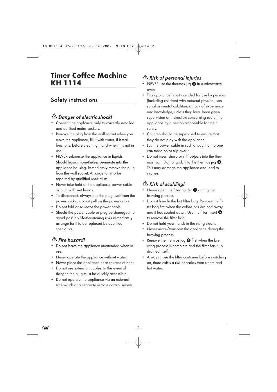 Timer coffee machine kh 1114, Safety instructions | Kompernass KH 1114 User Manual | Page 4 / 9