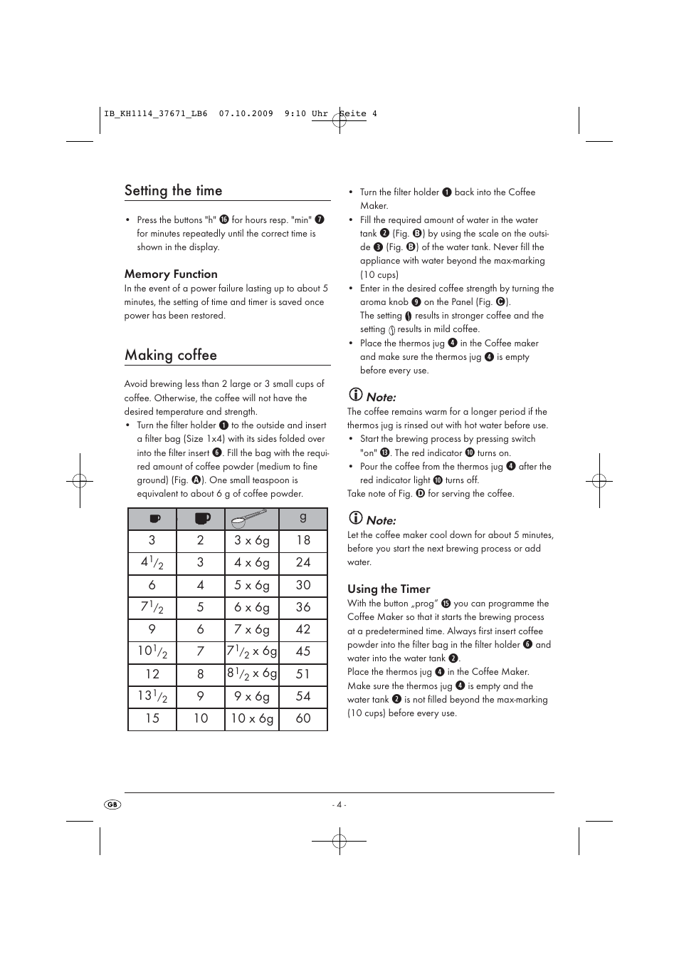 Setting the time, Making coffee | Kompernass KH 1114 User Manual | Page 6 / 9