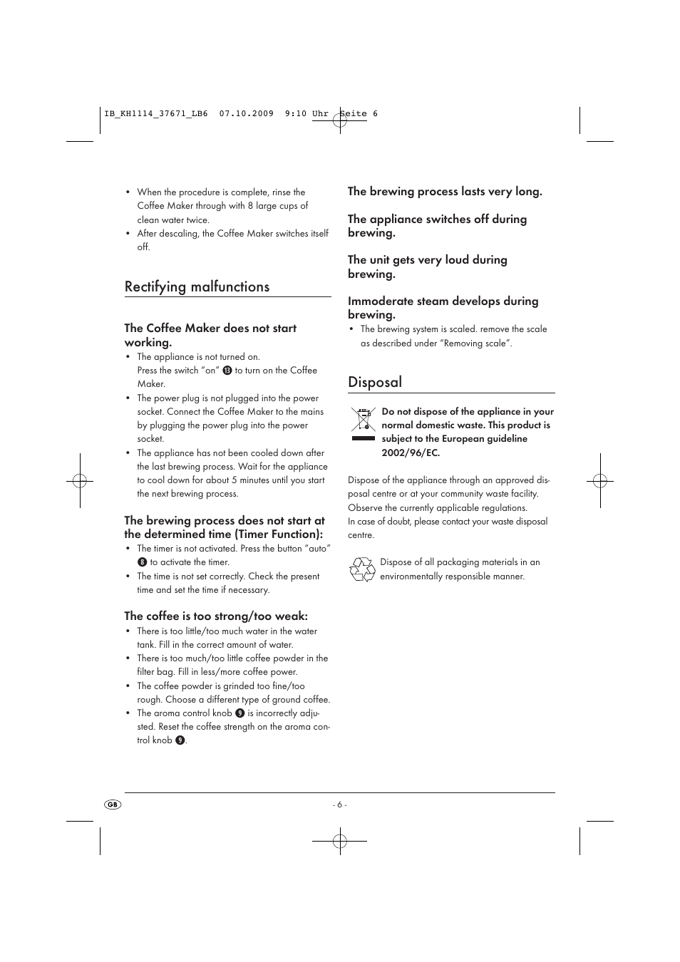 Rectifying malfunctions, Disposal | Kompernass KH 1114 User Manual | Page 8 / 9