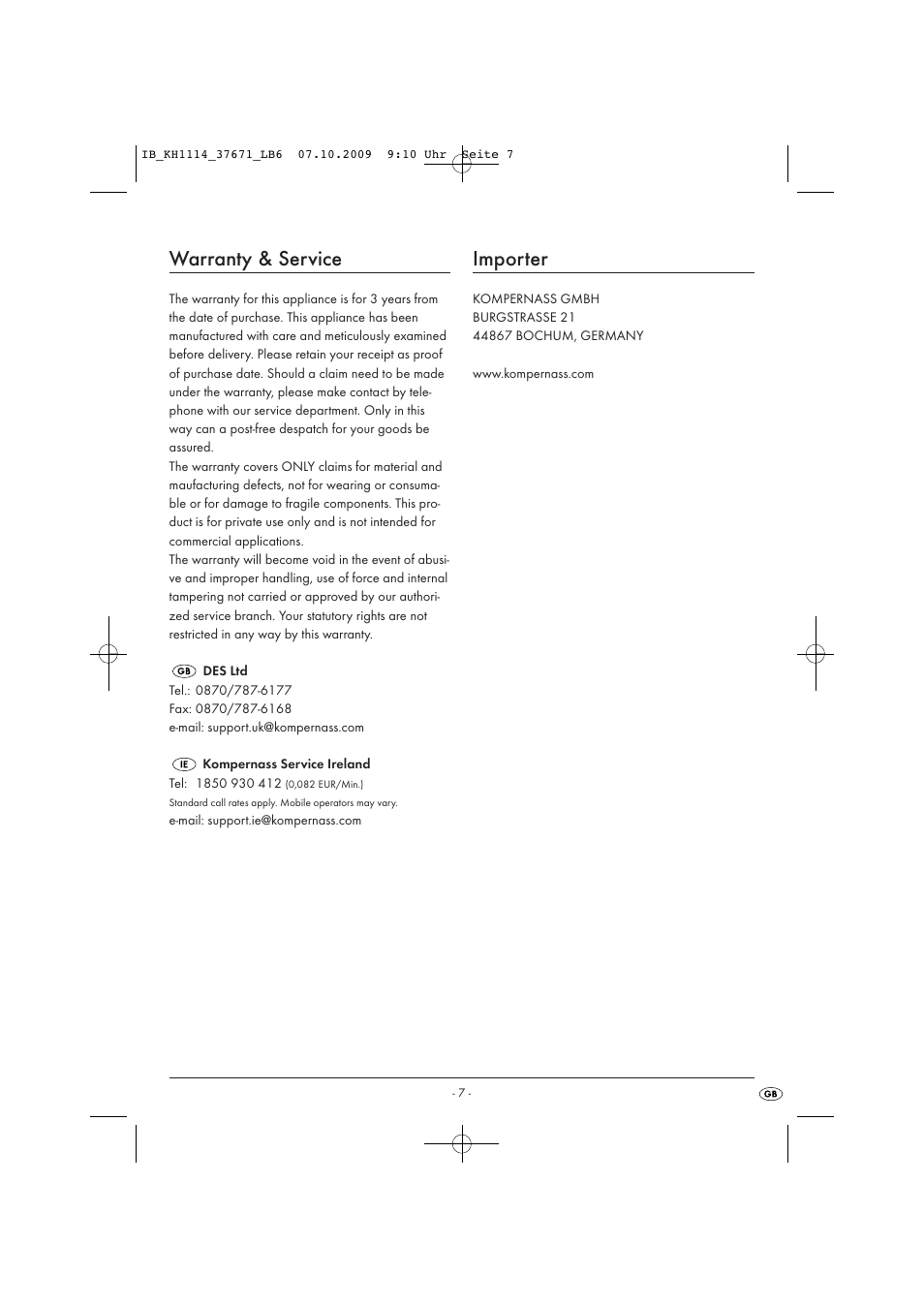 Warranty & service, Importer | Kompernass KH 1114 User Manual | Page 9 / 9