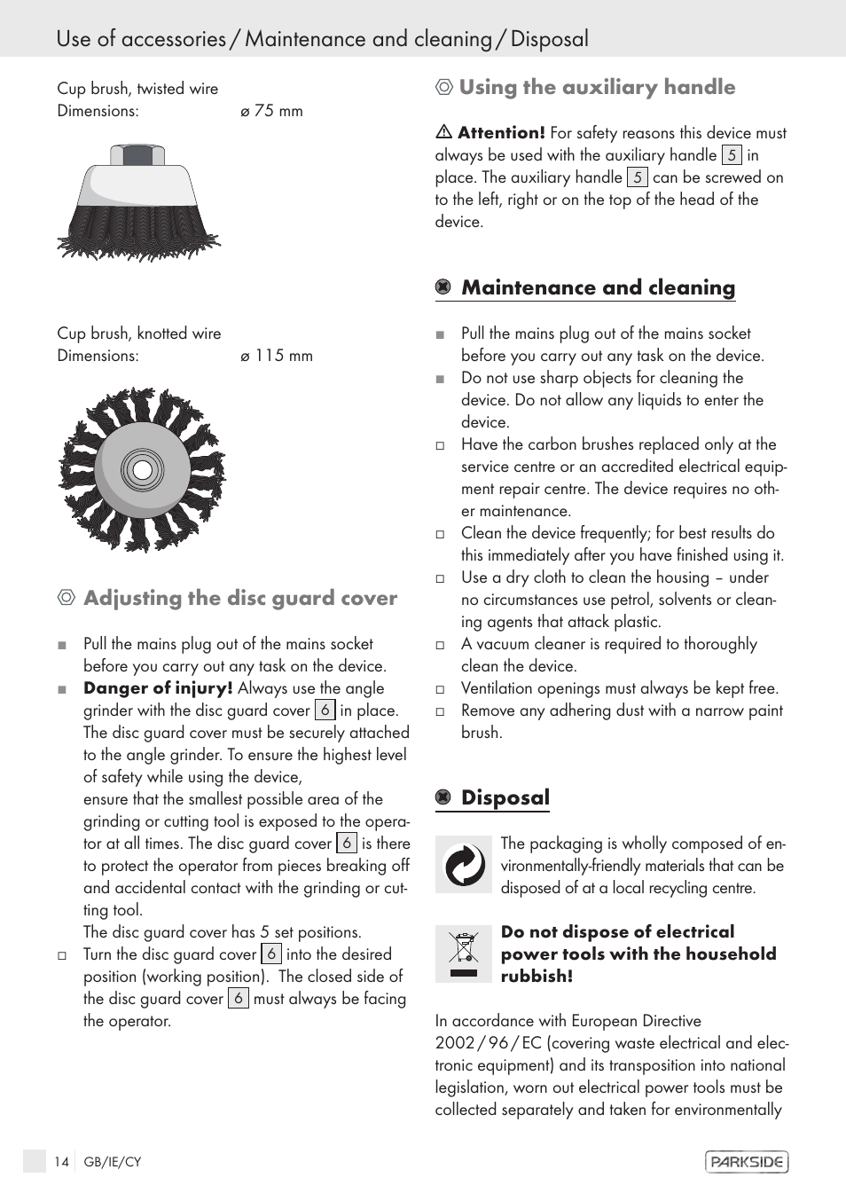 Adjusting the disc guard cover, Using the auxiliary handle, Maintenance and cleaning | Disposal | Kompernass PWS 1200 User Manual | Page 12 / 14