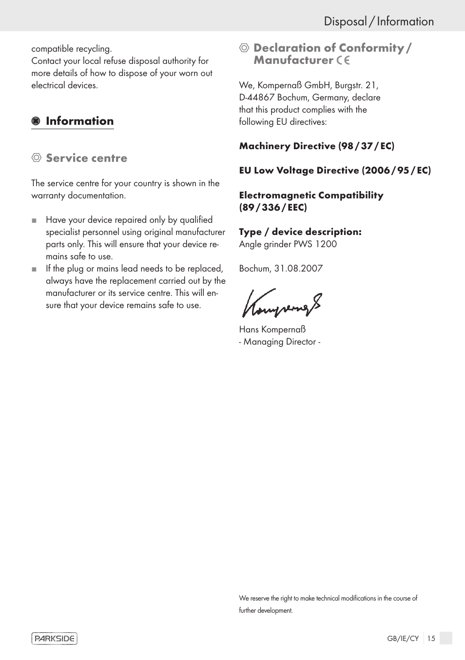 Disposal / information | Kompernass PWS 1200 User Manual | Page 13 / 14