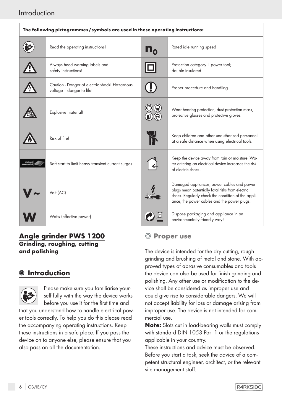 Angle grinder pws 1200, Introduction, Proper use | Kompernass PWS 1200 User Manual | Page 4 / 14