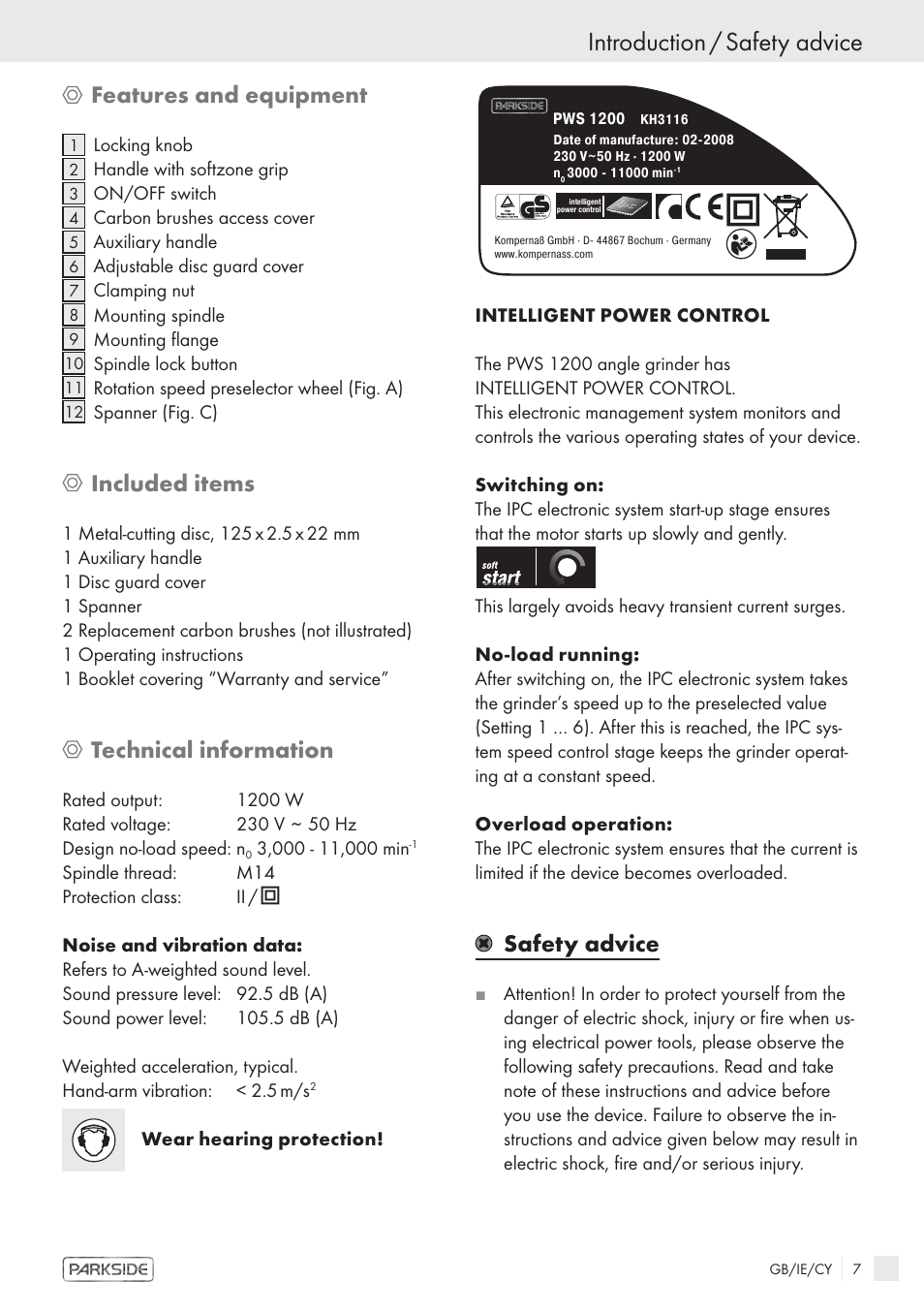 Introduction / safety advice, Features and equipment, Included items | Technical information, Safety advice | Kompernass PWS 1200 User Manual | Page 5 / 14