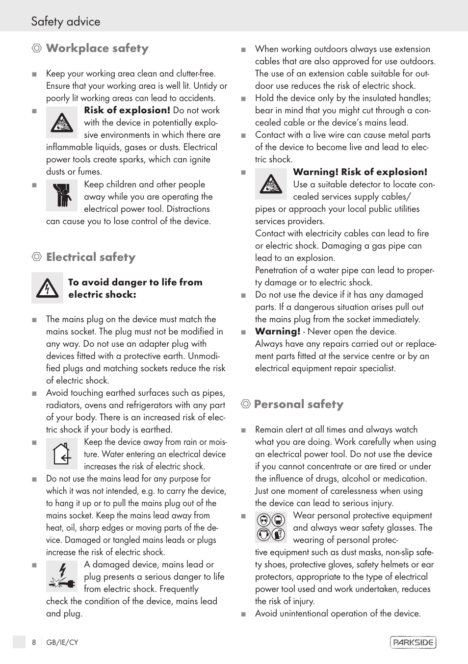 Safety advice, Workplace safety, Electrical safety | Personal safety | Kompernass PWS 1200 User Manual | Page 6 / 14