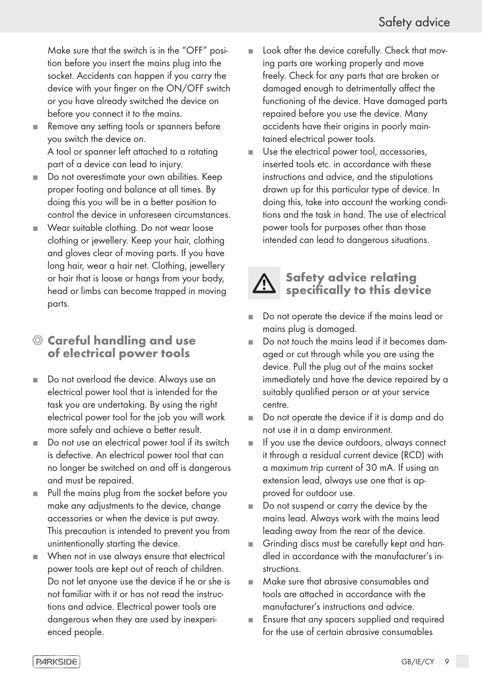 Safety advice, Careful handling and use of electrical power tools, Safety advice relating specifically to this device | Kompernass PWS 1200 User Manual | Page 7 / 14