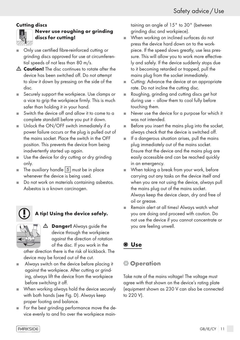 Safety advice / use, Use operation | Kompernass PWS 1200 User Manual | Page 9 / 14