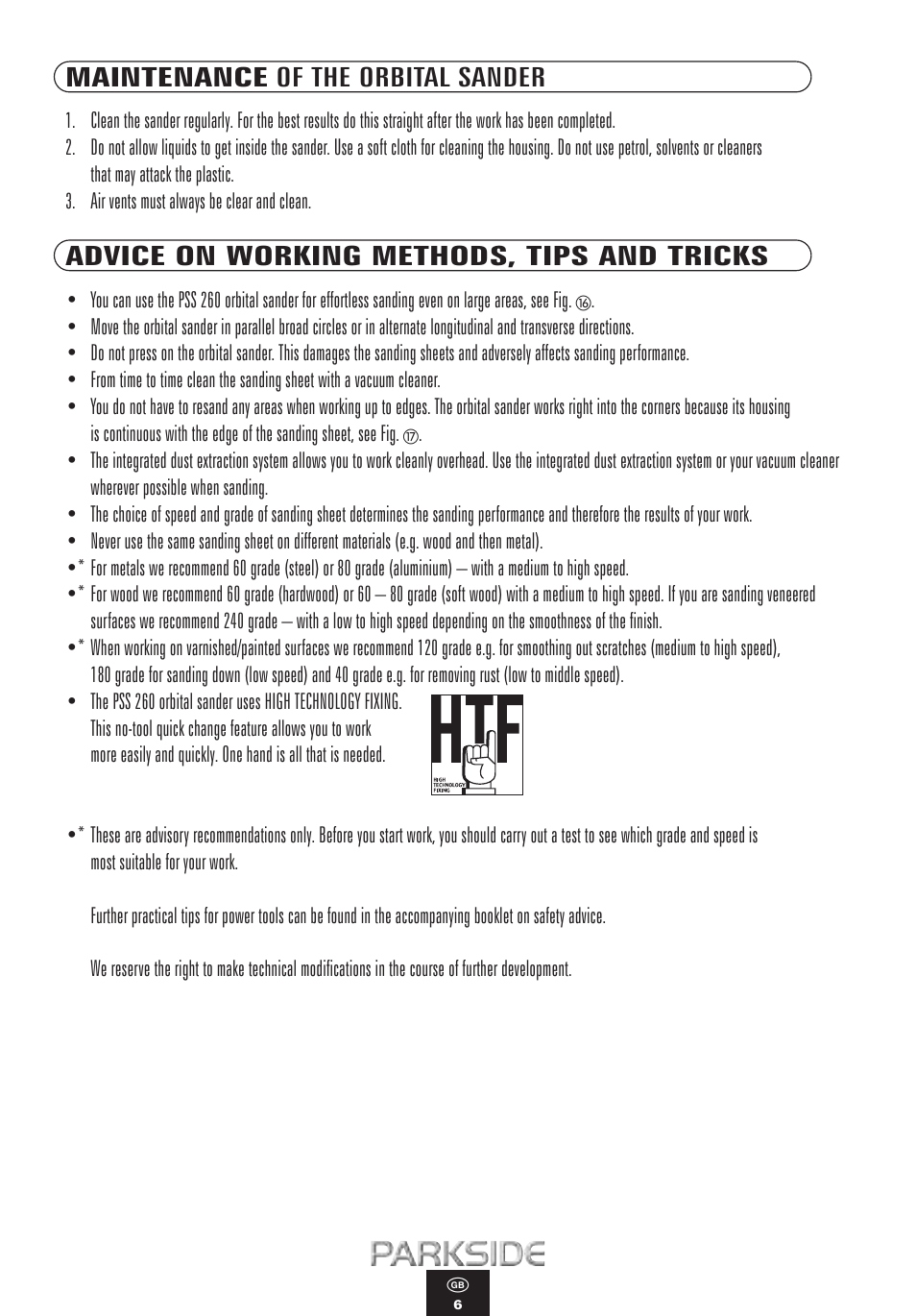 Maintenance of the orbital sander, Advice on working methods, tips and tricks | Kompernass PSS 260 User Manual | Page 6 / 10