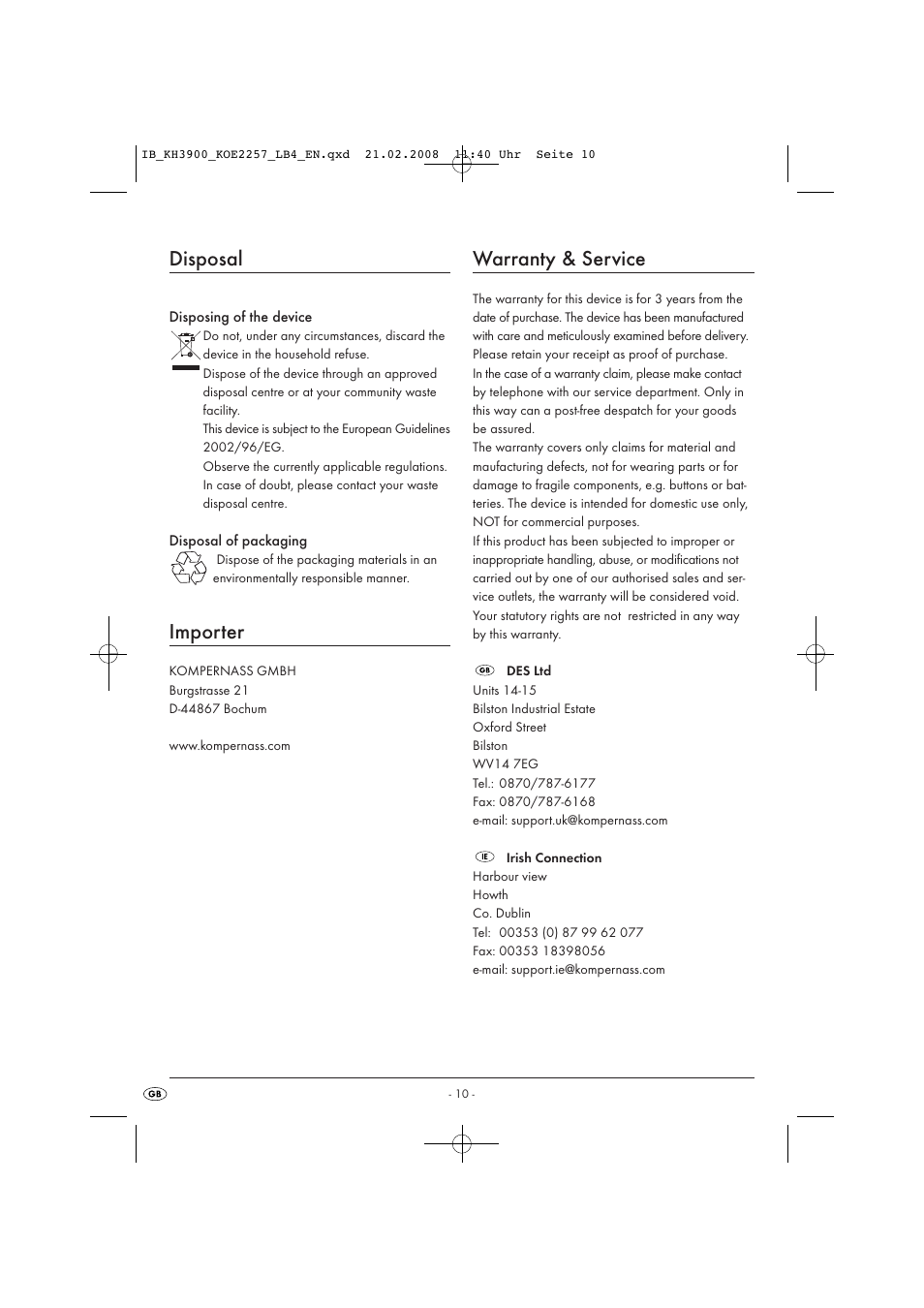Disposal, Importer, Warranty & service | Kompernass KH 3900 User Manual | Page 12 / 62