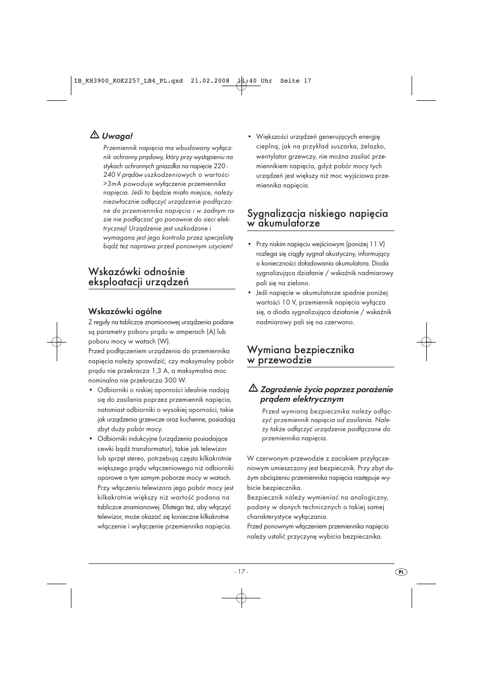 Wskazówki odnośnie eksploatacji urządzeń, Sygnalizacja niskiego napięcia w akumulatorze, Wymiana bezpiecznika w przewodzie | Kompernass KH 3900 User Manual | Page 19 / 62