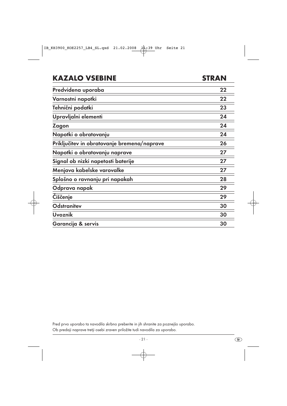 Ib_kh3900_koe2257_lb4_sl, Kazalo vsebine stran | Kompernass KH 3900 User Manual | Page 23 / 62