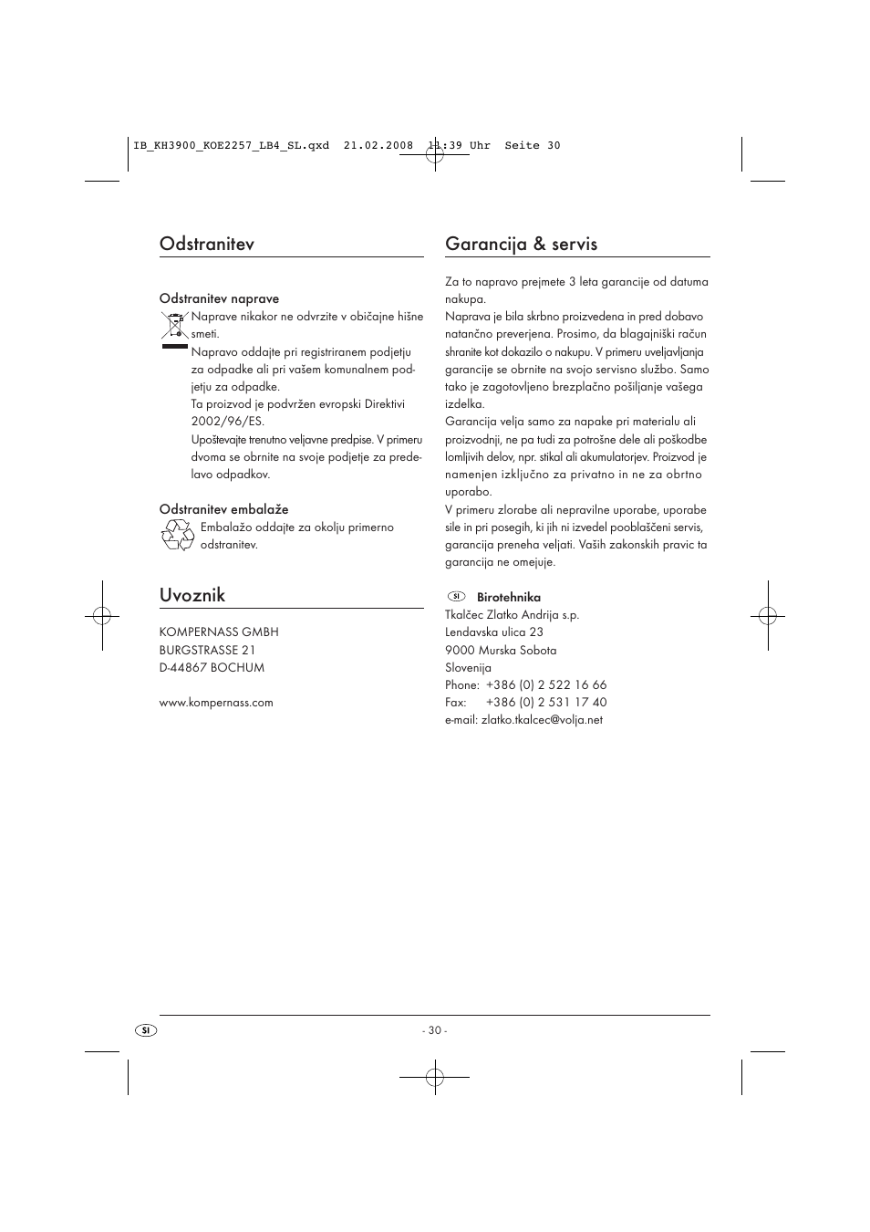 Odstranitev, Uvoznik, Garancija & servis | Kompernass KH 3900 User Manual | Page 32 / 62