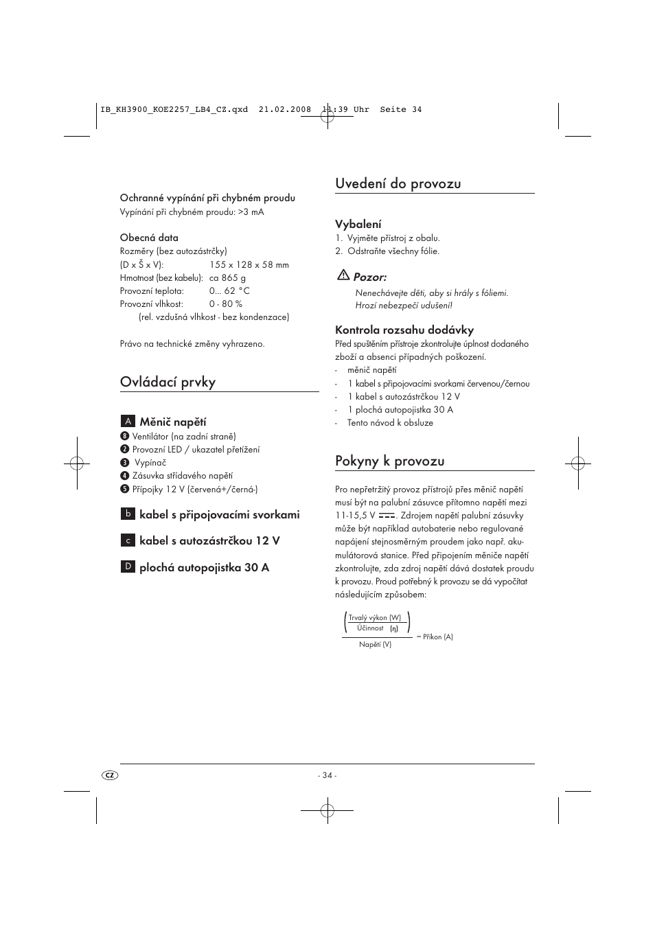 Ovládací prvky, Uvedení do provozu, Pokyny k provozu | Kompernass KH 3900 User Manual | Page 36 / 62