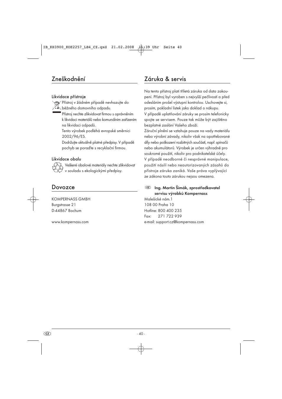 Zneškodnění, Dovozce, Záruka & servis | Kompernass KH 3900 User Manual | Page 42 / 62