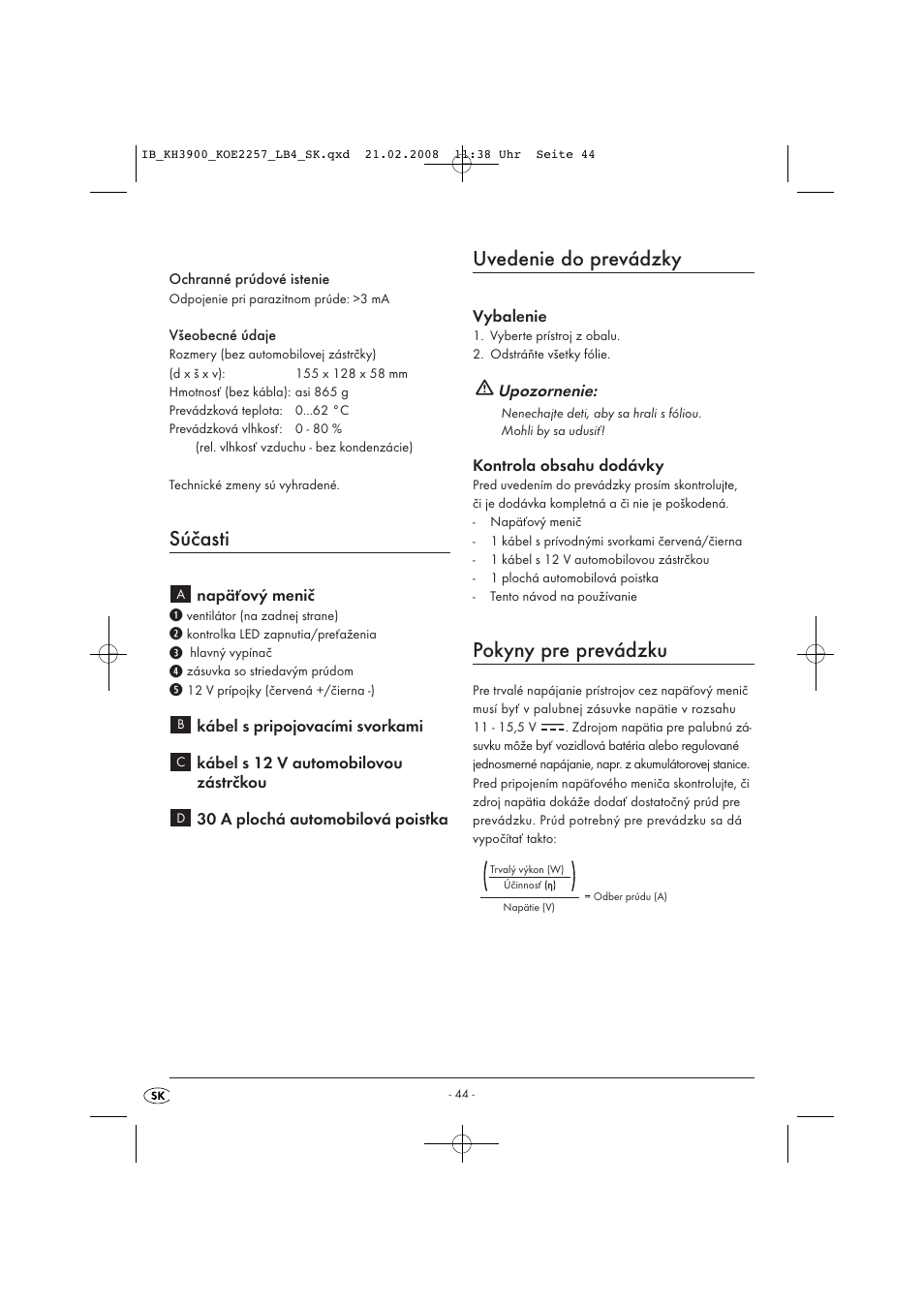 Súčasti, Uvedenie do prevádzky, Pokyny pre prevádzku | Kompernass KH 3900 User Manual | Page 46 / 62