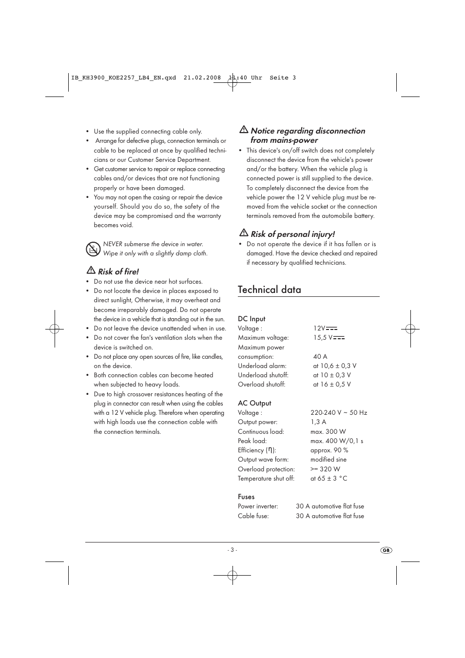 Technical data, Risk of fire, Notice regarding disconnection from mains-power | Risk of personal injury | Kompernass KH 3900 User Manual | Page 5 / 62